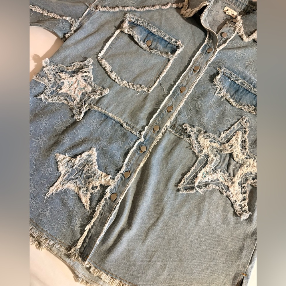 POL Textured Patchwork Star Denim Jacket Size Sma… - image 4